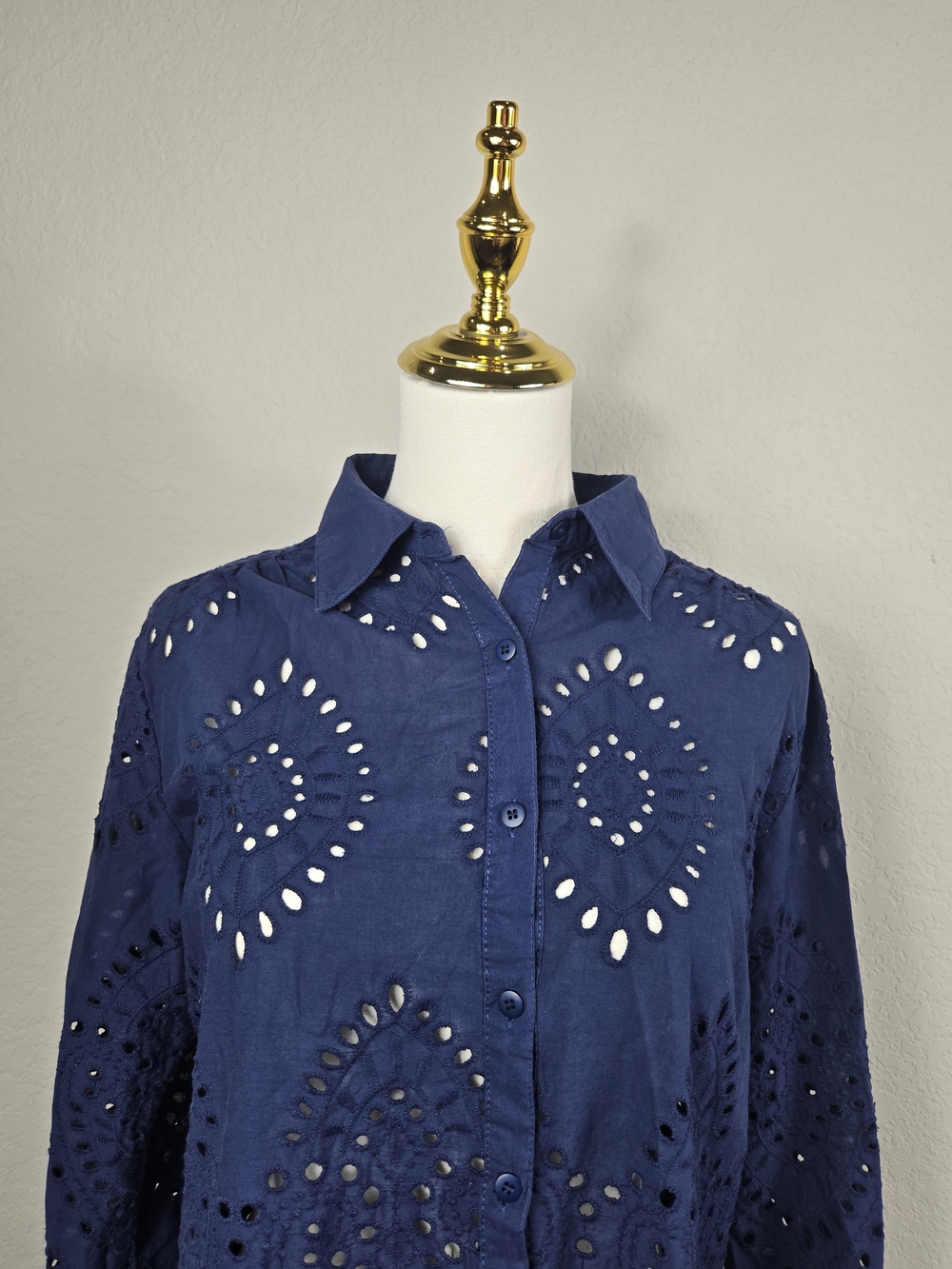 Adiva Navy Eyelet Button Down Shirt Cotton Boho Cottagecore Beach Cover Up M - Picture 7 of 13